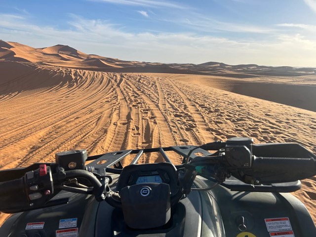 Quad-Lenker vor einem Dünental voller Reifenspuren